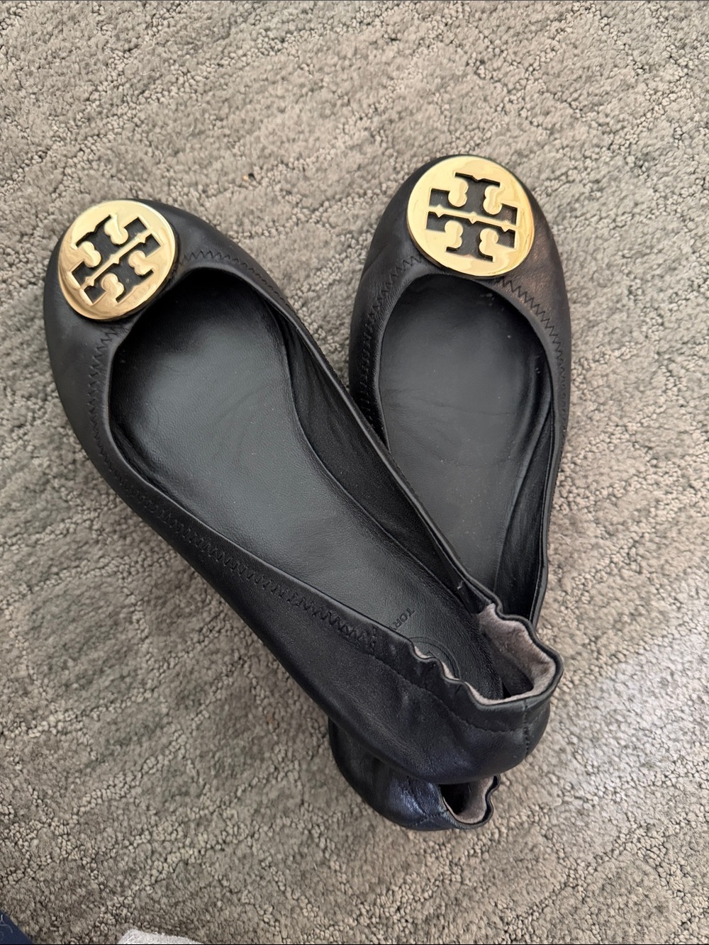 Tory Burch Black Leather Flats with Gold Logo Medallions